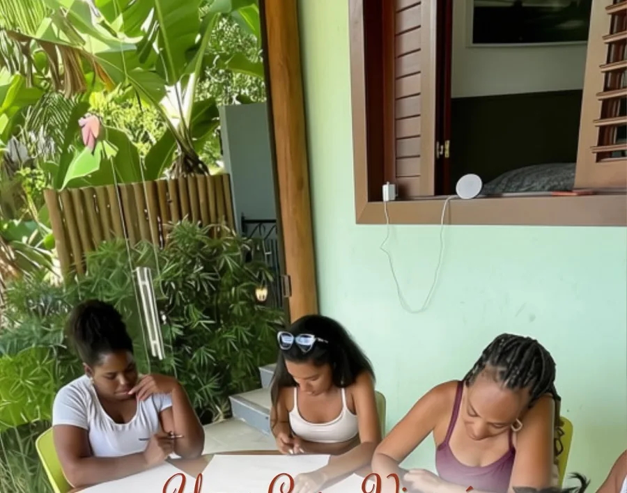 Mulheres escrevendo juntas em uma mesa durante um encontro